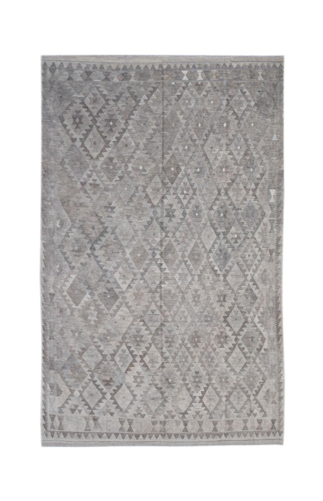 Handwoven Afghan Maimana kilim rug featuring a neutral grey geometric diamond pattern.