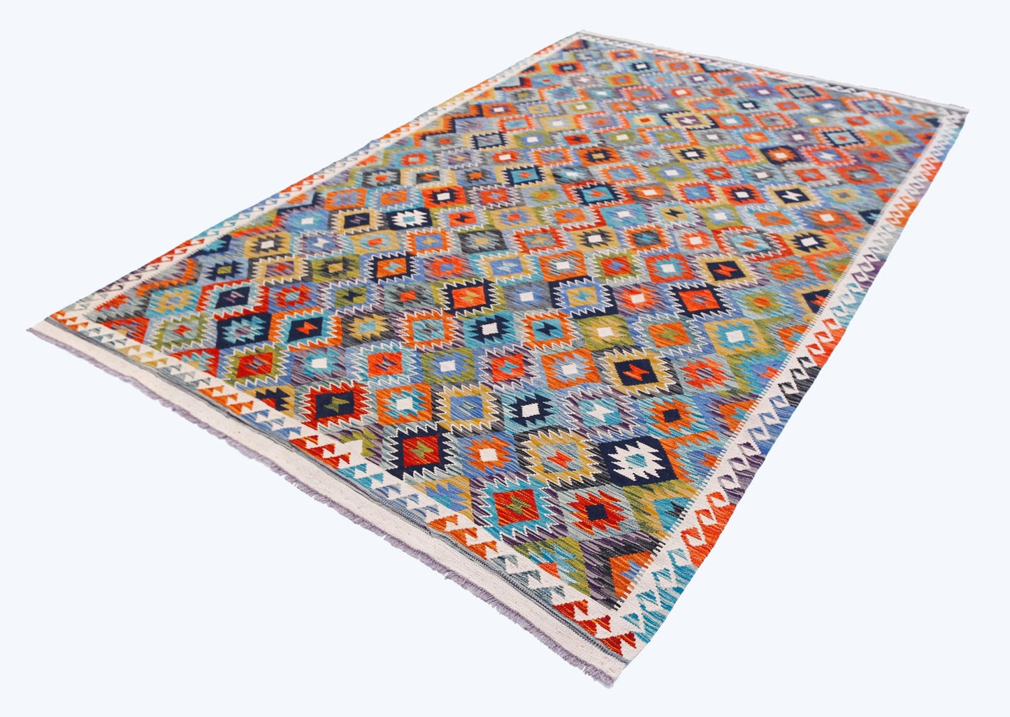 Handwoven Afghan Maimana kilim rug featuring a vibrant geometric pattern in wool.