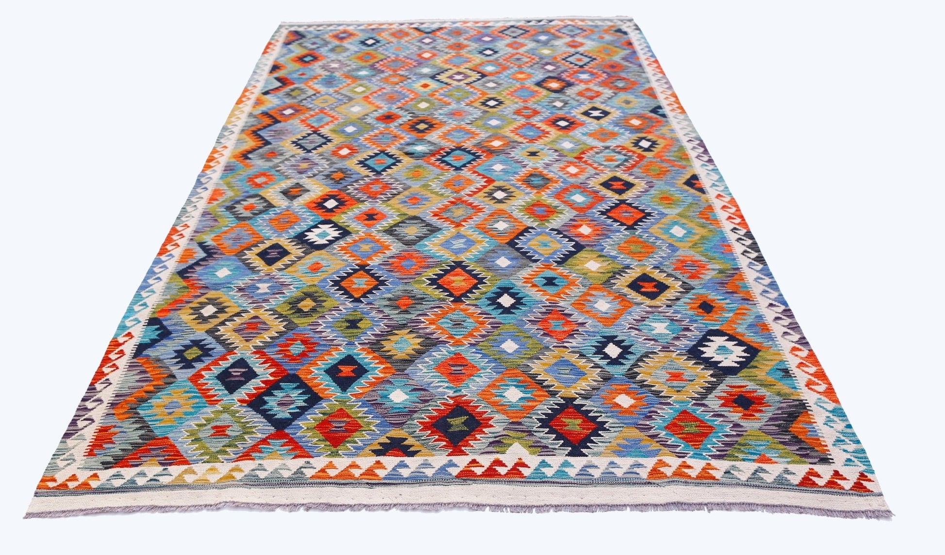 Handwoven Afghan Maimana kilim rug featuring a colorful geometric diamond pattern.