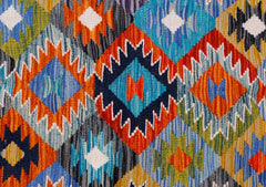 Handwoven Afghan Maimana Kilim featuring a vibrant geometric diamond pattern in wool.