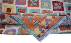 Handwoven Afghan Maimana kilim featuring a colorful geometric pattern and a flat-weave texture.