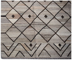 Handwoven Afghan Maimana kilim rug featuring a neutral diamond pattern with small central accents.