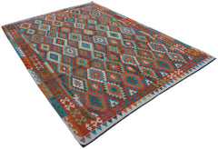 Handwoven Afghan Maimana kilim rug featuring a vibrant geometric diamond pattern in wool.