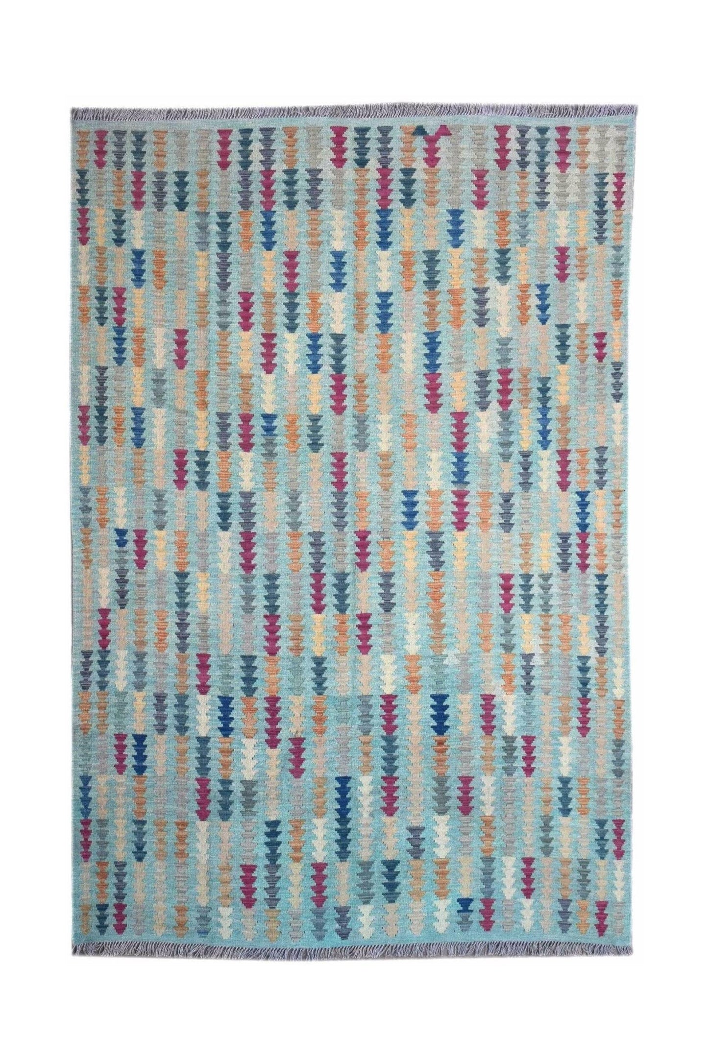 Handmade Afghan Maimana kilim rug featuring a light blue background with colorful geometric patterns.