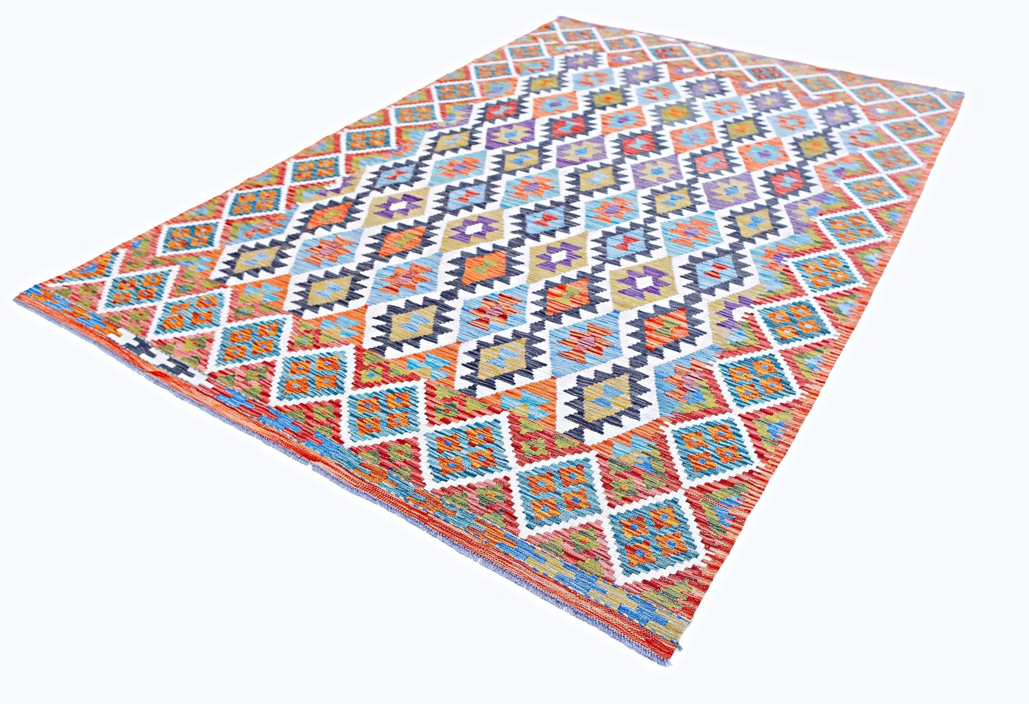 A handmade Afghan Maimana kilim rug featuring a colorful geometric diamond pattern in wool.
