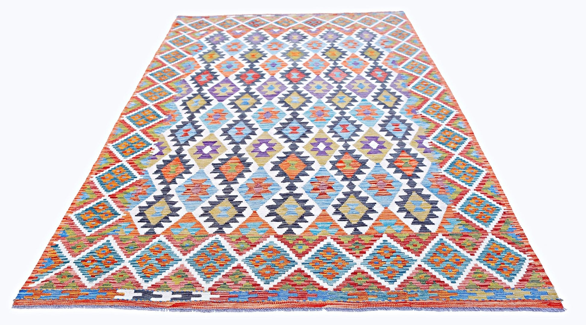A handmade Afghan Maimana kilim rug featuring a colorful geometric diamond pattern in wool.