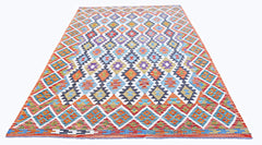 A handmade Afghan Maimana kilim rug featuring a colorful geometric diamond pattern in wool.