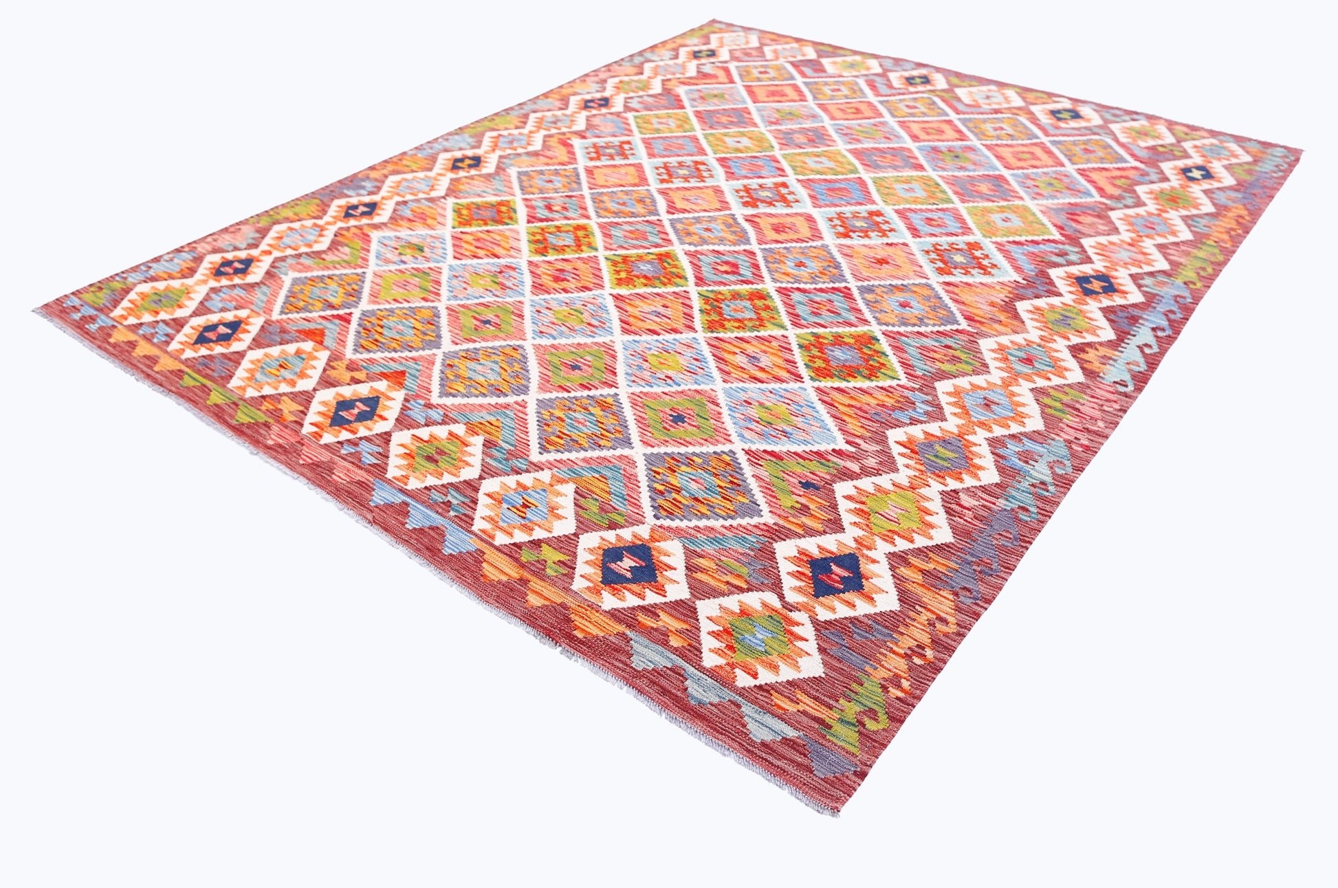 Handwoven Afghan Maimana kilim rug featuring a vibrant geometric diamond pattern in wool.