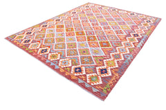 Handwoven Afghan Maimana kilim rug featuring a vibrant geometric diamond pattern in wool.