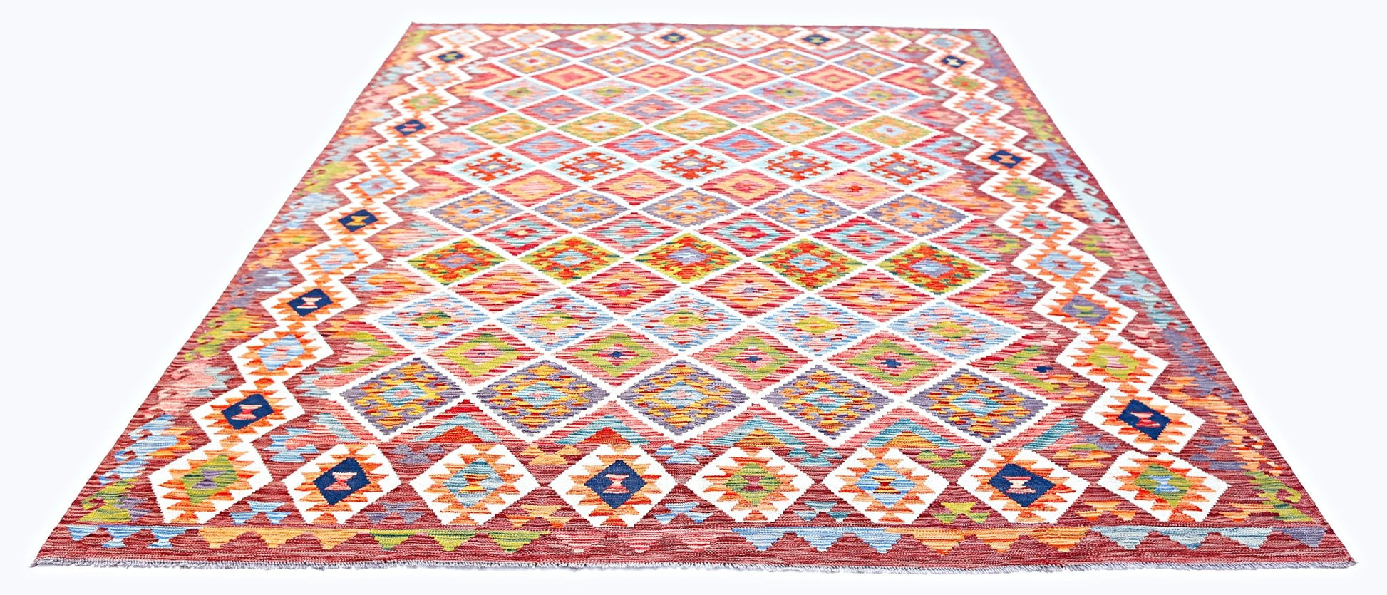 Handwoven Afghan Maimana kilim rug featuring a vibrant, multicolored geometric diamond pattern.