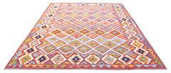 Handwoven Afghan Maimana kilim rug featuring a vibrant, multicolored geometric diamond pattern.