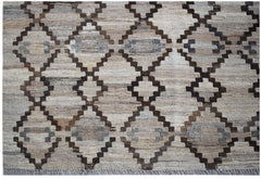 Handwoven Afghan Maimana kilim featuring a geometric diamond pattern in neutral earth tones.