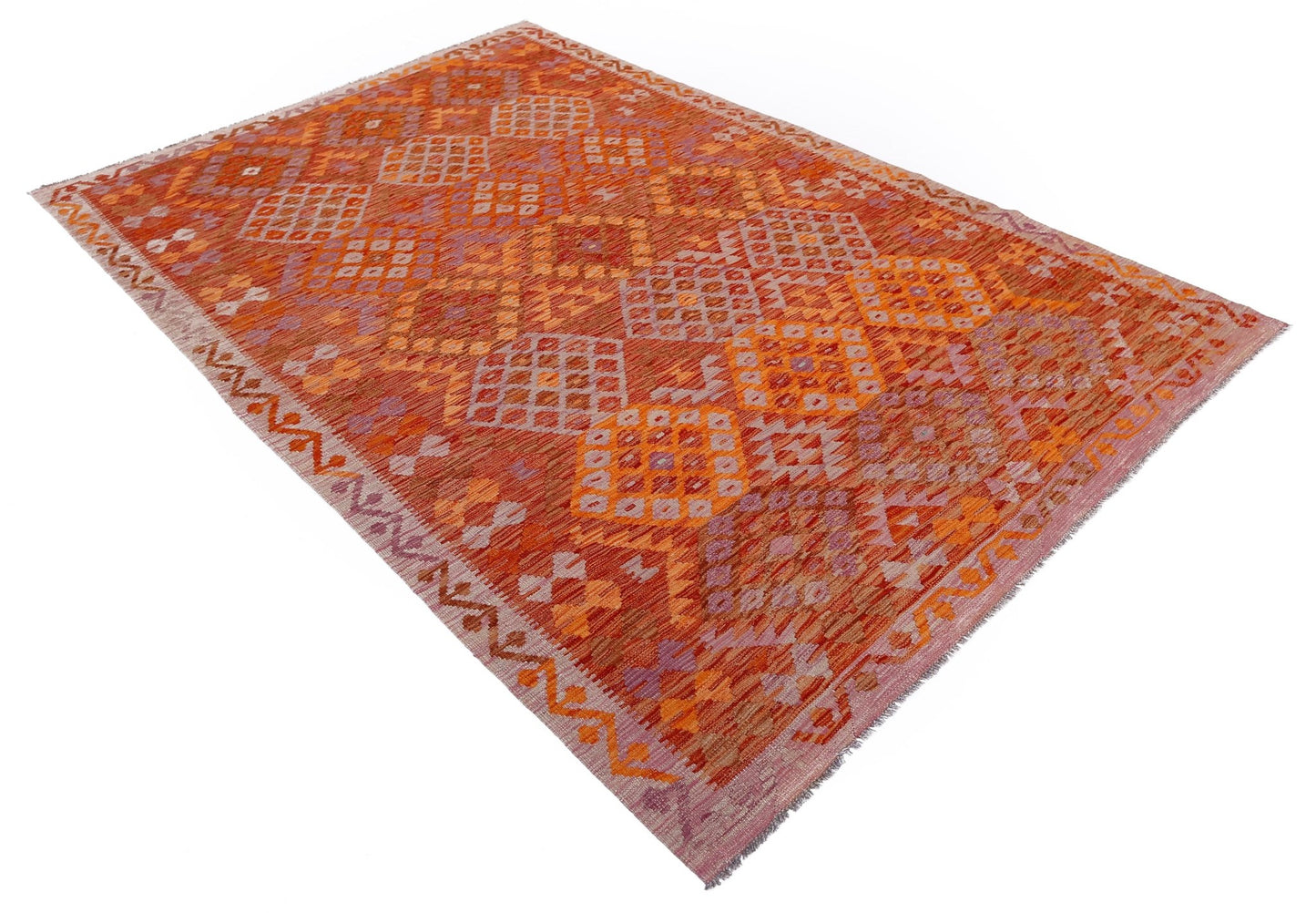 Handwoven Afghan Maimana kilim rug featuring a geometric diamond pattern in warm orange tones.