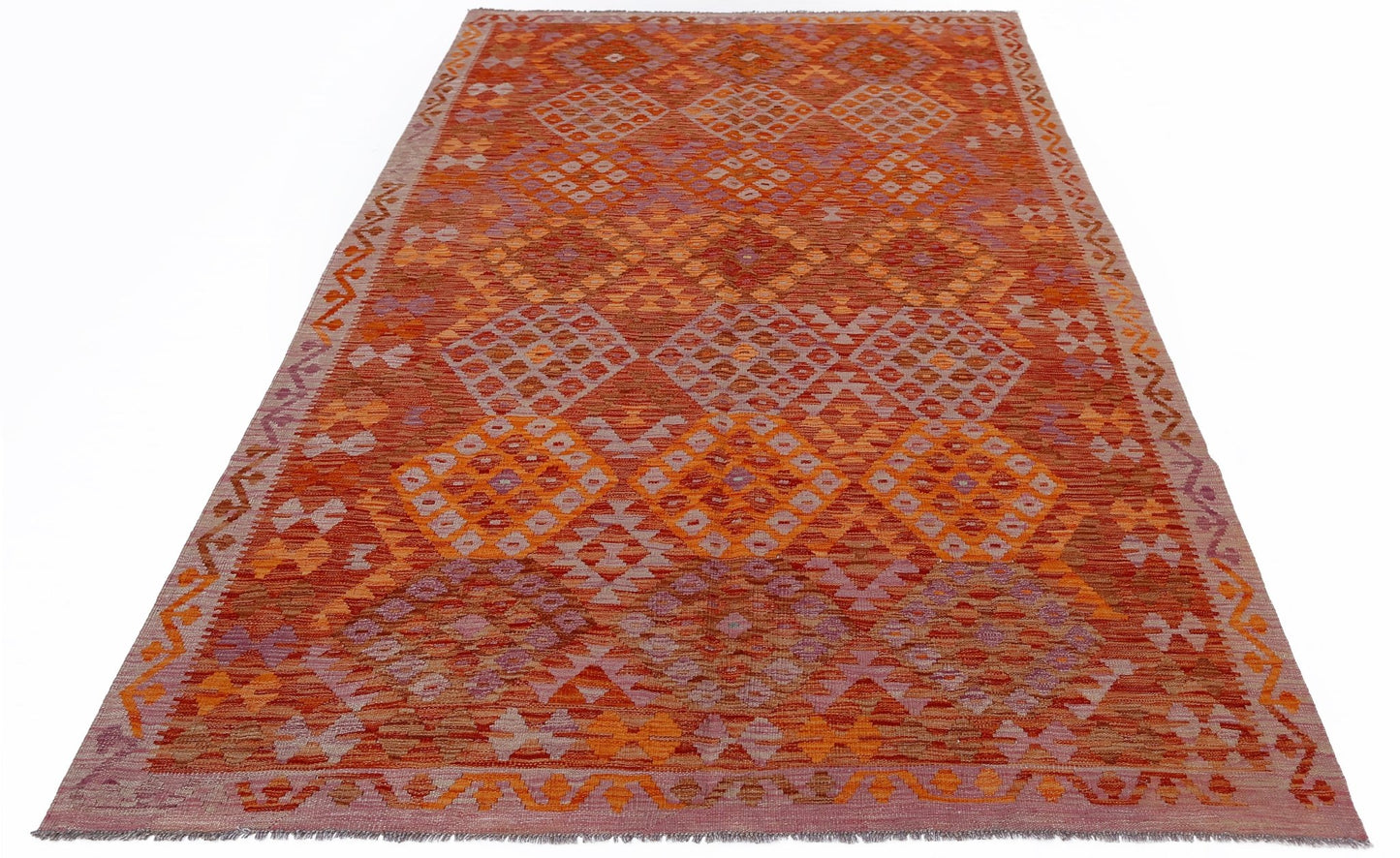 Handwoven Afghan Maimana kilim rug featuring a geometric diamond pattern in orange and purple tones.