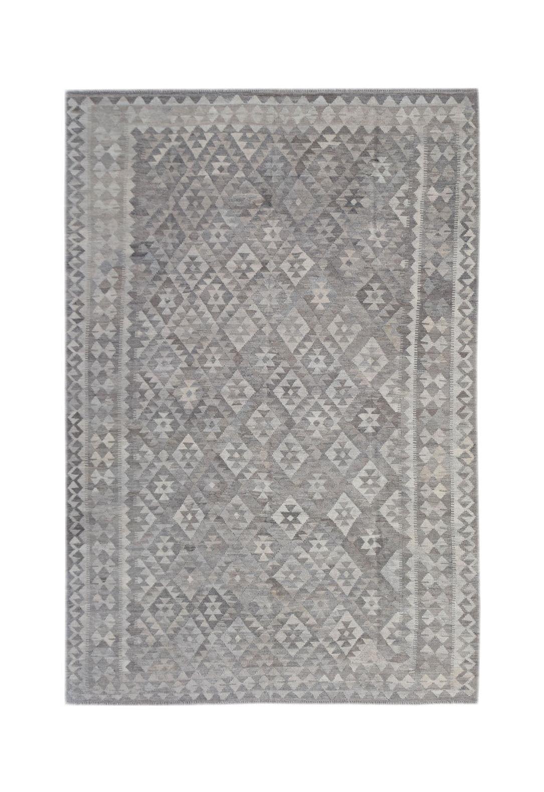 Handwoven Afghan Maiamana kilim rug featuring a grey geometric diamond pattern in natural wool.