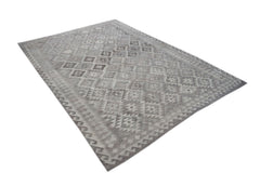 A rectangular, handwoven Afghan Maimana kilim rug featuring a grey geometric diamond pattern.
