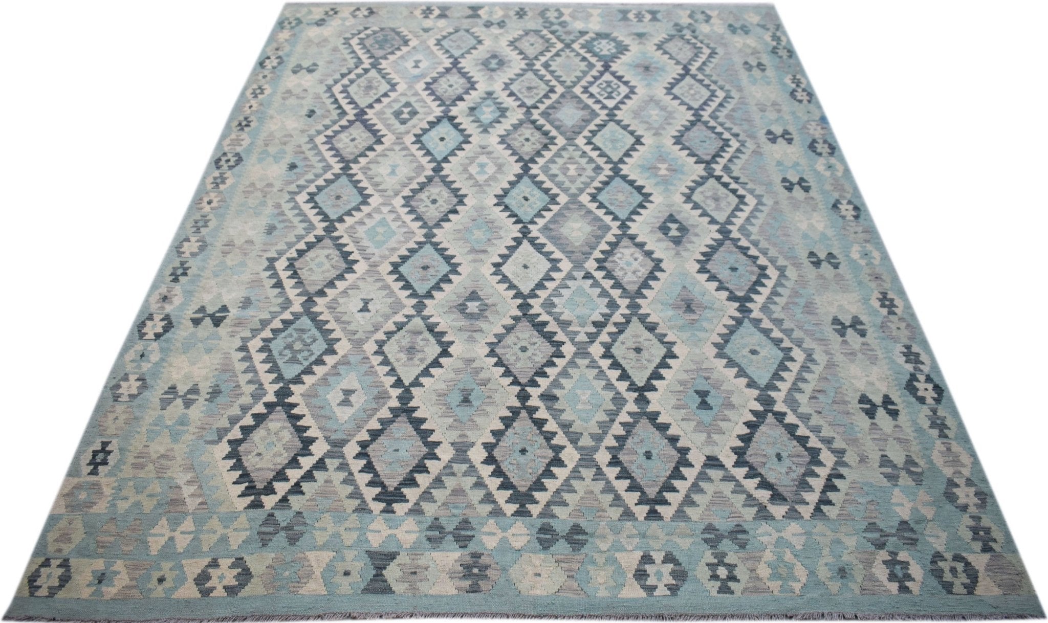 Handwoven Afghan Maimana kilim rug featuring a geometric diamond pattern in shades of blue and grey.