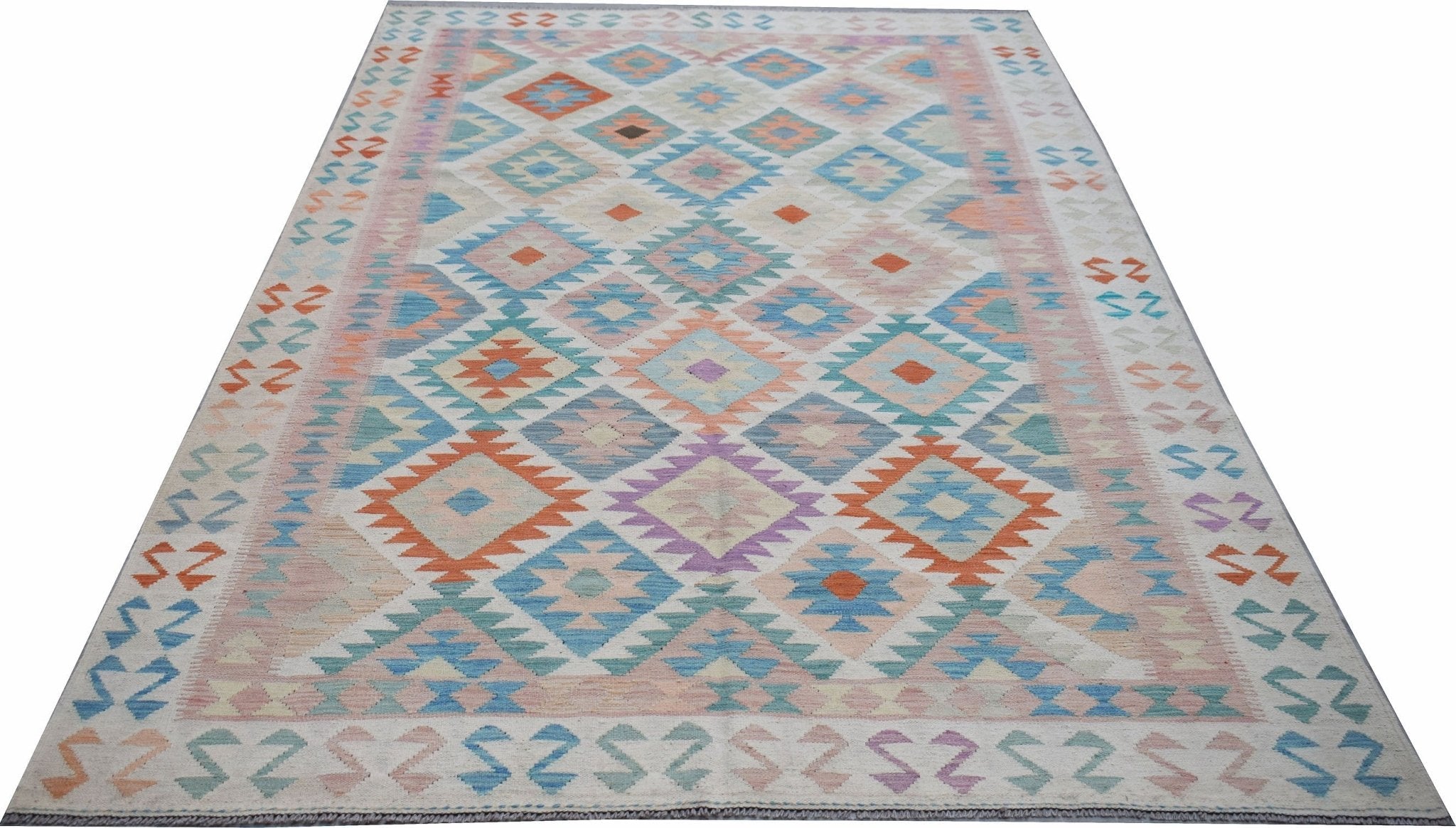 Handwoven Afghan Maimana kilim rug featuring a colorful geometric diamond pattern.