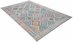 Handwoven Afghan Maimana kilim rug featuring a geometric diamond pattern in soft pastel tones.