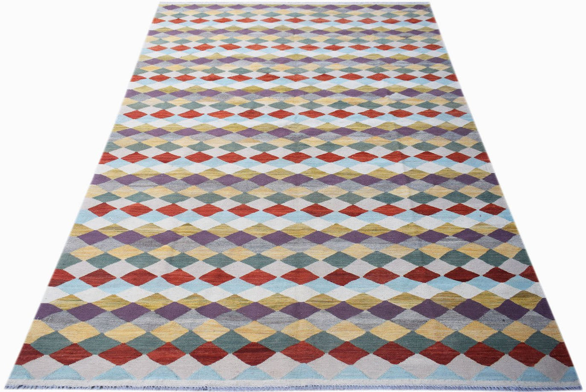 Handwoven Afghan Maimana kilim rug featuring a colorful geometric diamond pattern in wool.