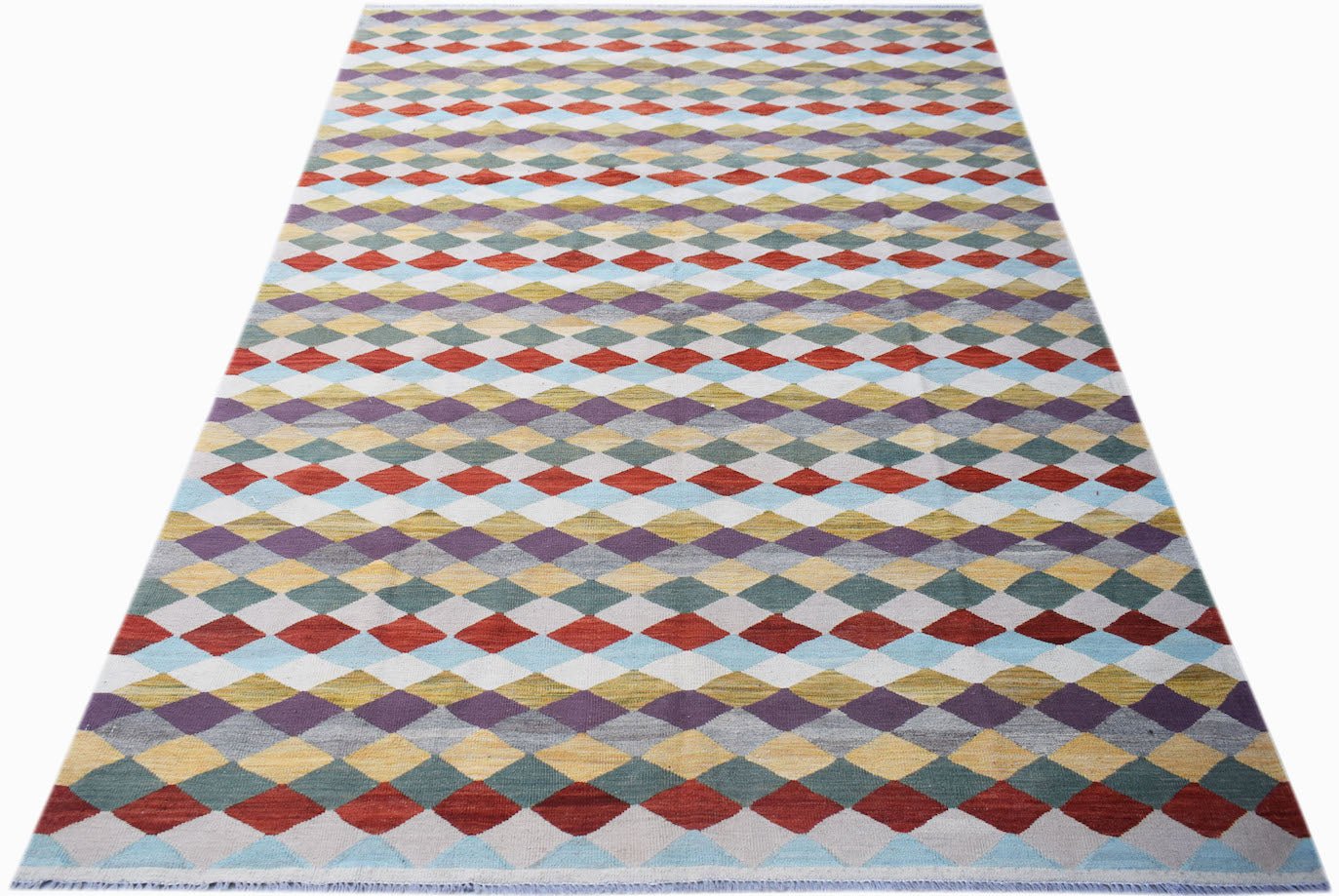 Handwoven Afghan Maimana kilim rug featuring a colorful geometric diamond pattern in wool.