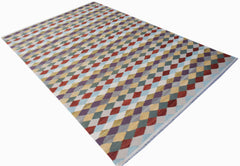 Afghan Maimana Kilim with a diamond pattern in multiple colors.