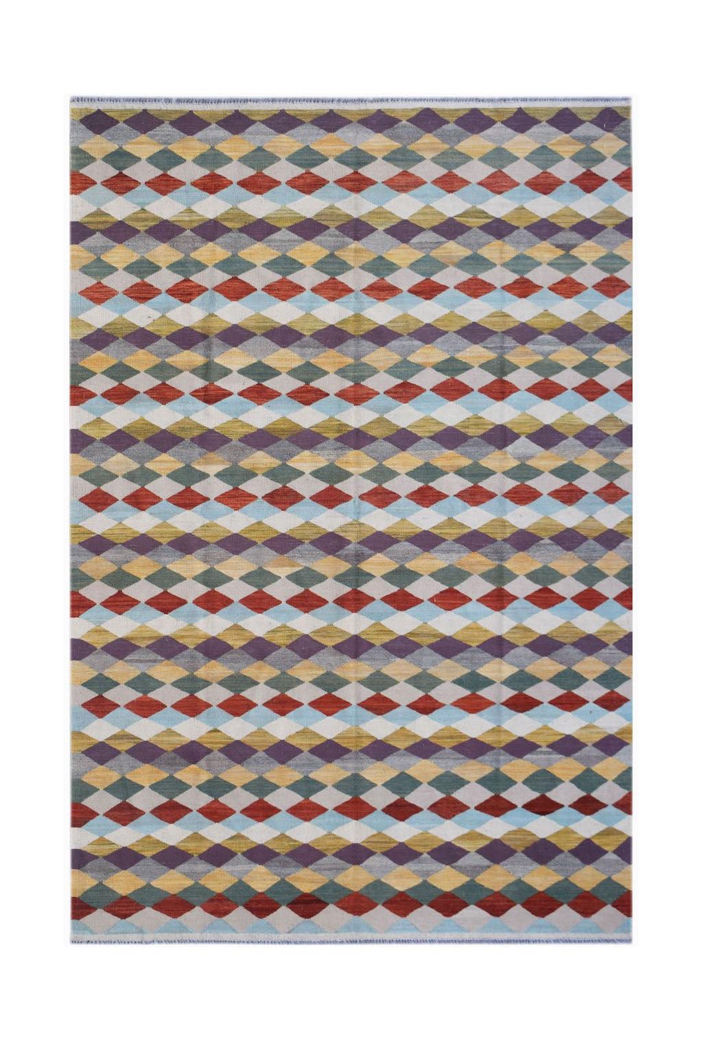 Handmade Afghan Maimana kilim rug featuring a colorful geometric diamond pattern in wool.