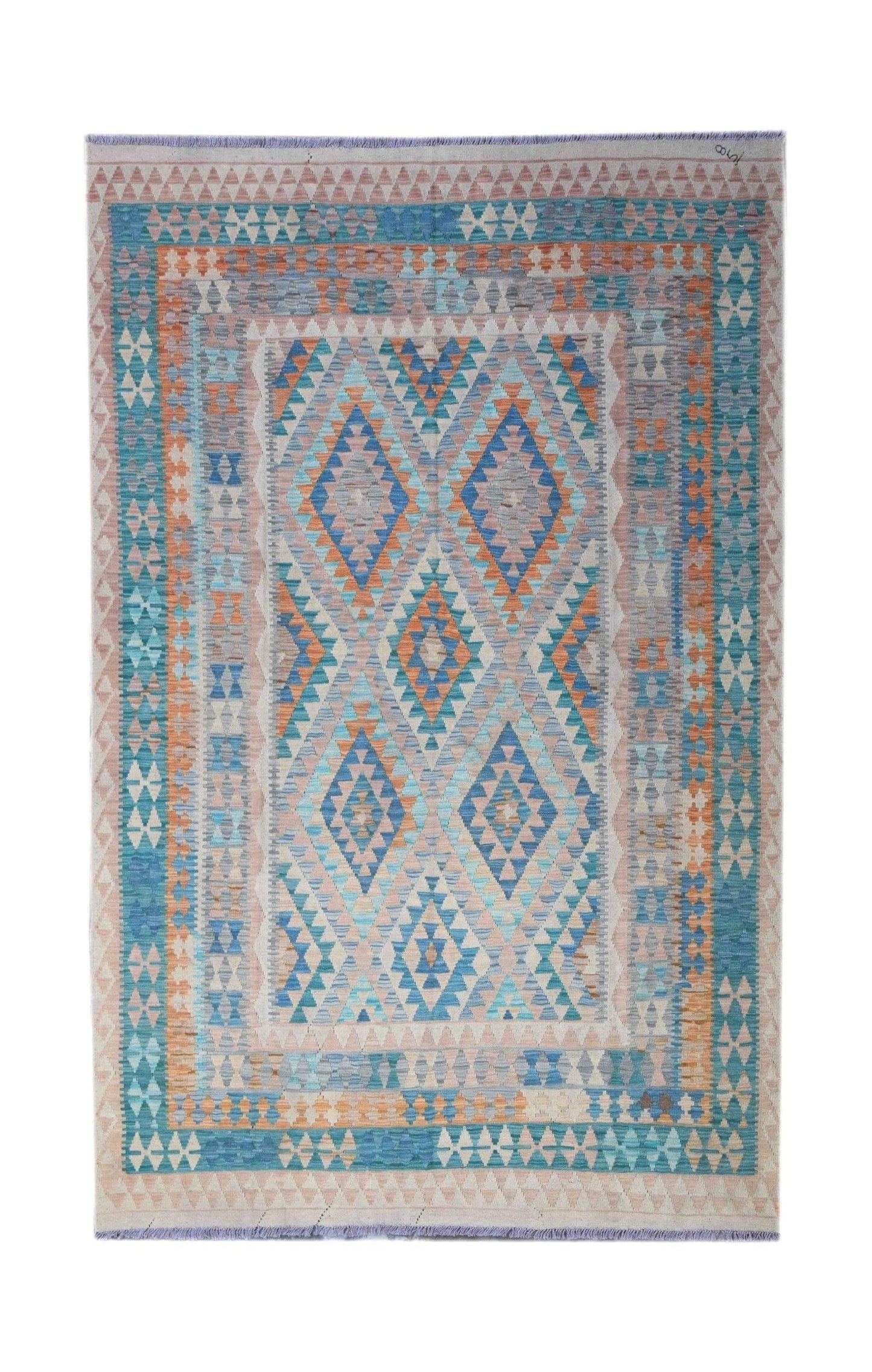Handmade Afghan Maimana kilim rug featuring a geometric diamond pattern in blue and orange tones.
