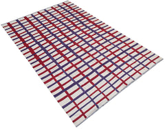 Afghan Maimana Kilim with a red and purple plaid pattern on a white background.