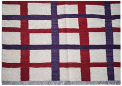 Afghan Maimana Kilim with a red and purple plaid pattern.