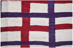 Afghan Maimana Kilim with a red, purple, and cream plaid pattern.