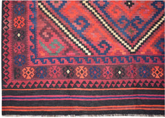 Handwoven Afghan Maimana kilim featuring geometric patterns in red, blue, and black wool.
