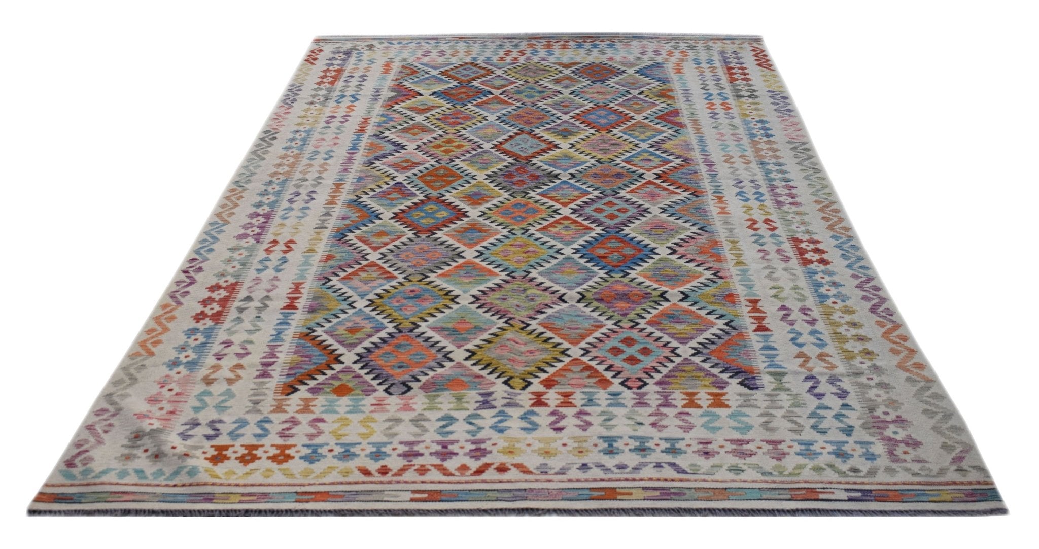 A rectangular Afghan Maimana kilim rug featuring a colorful geometric diamond pattern.