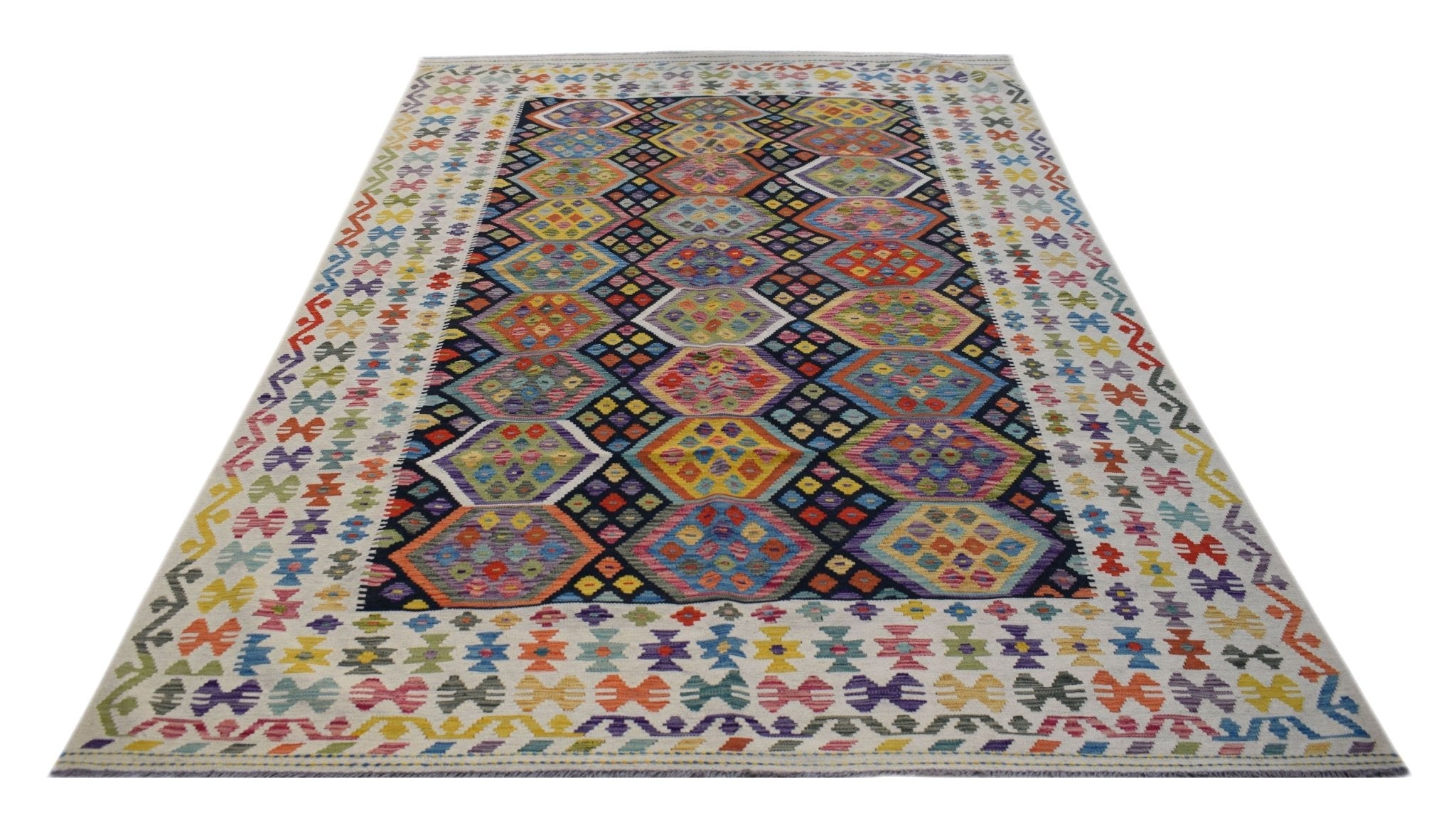 Handwoven Afghan Maimana kilim rug featuring a colorful geometric diamond pattern on a wool base.