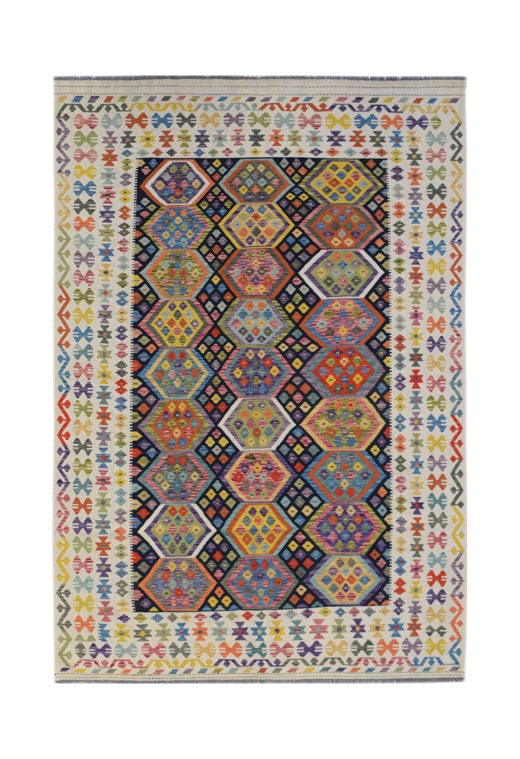 Handwoven Afghan Maimana kilim rug featuring a colorful geometric hexagon pattern.