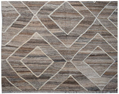 Handwoven Afghan Maimana kilim rug featuring a brown and beige geometric diamond pattern.