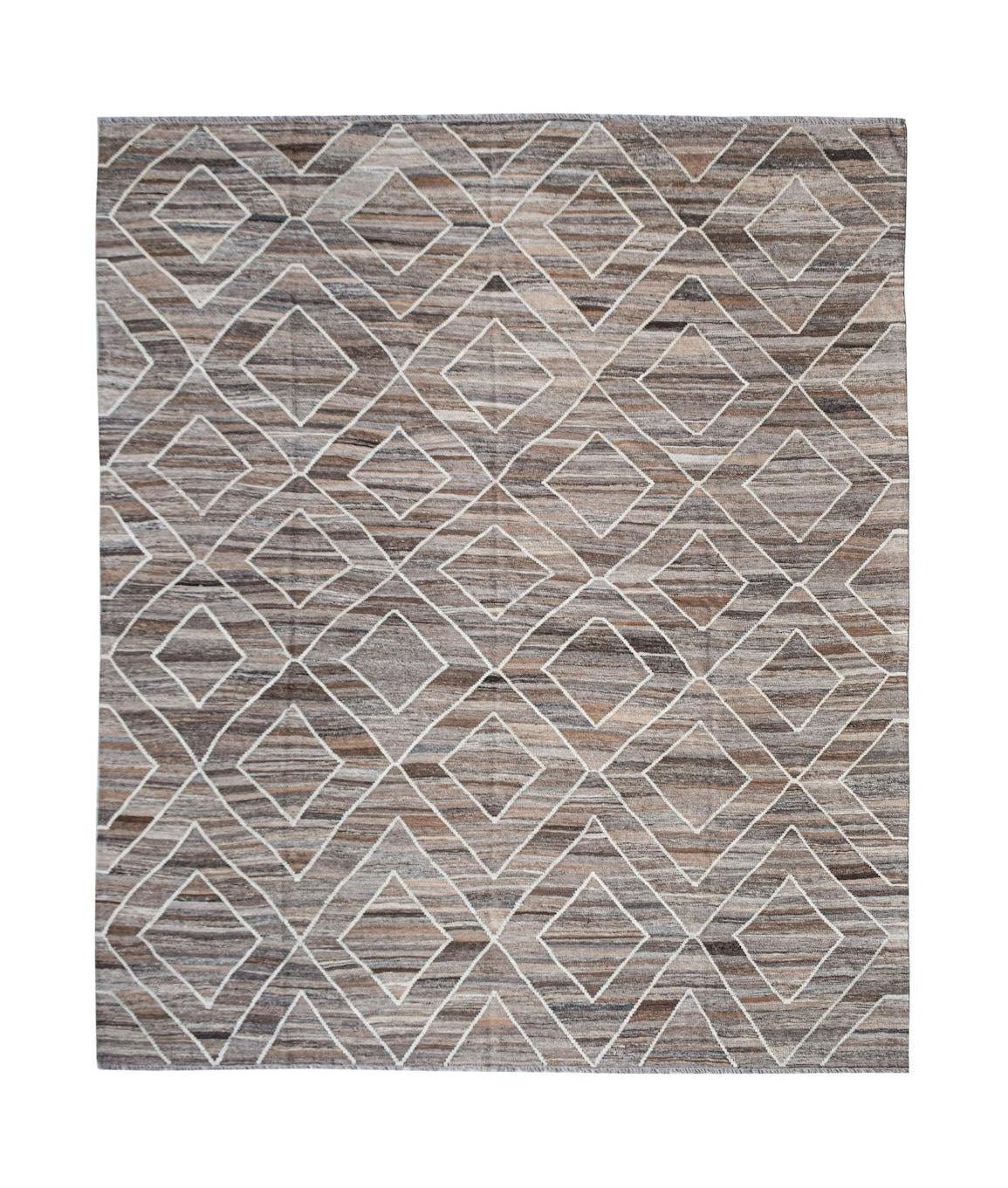Handwoven Afghan Maimana kilim rug featuring a brown and beige geometric diamond pattern.