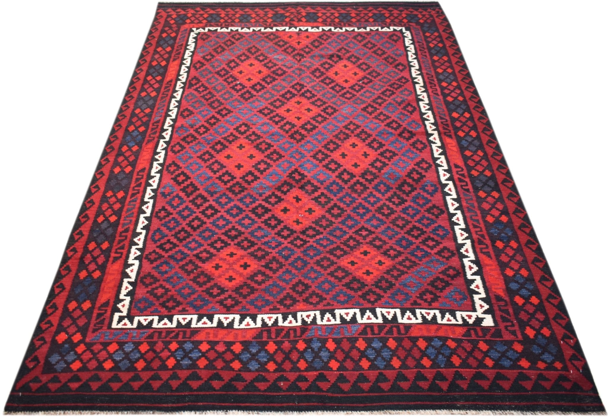 Handwoven Afghan Maimana kilim featuring a geometric diamond pattern in red and blue tones.