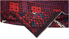 A handmade Afghan Maimana kilim featuring a geometric pattern in red, blue, and black wool.