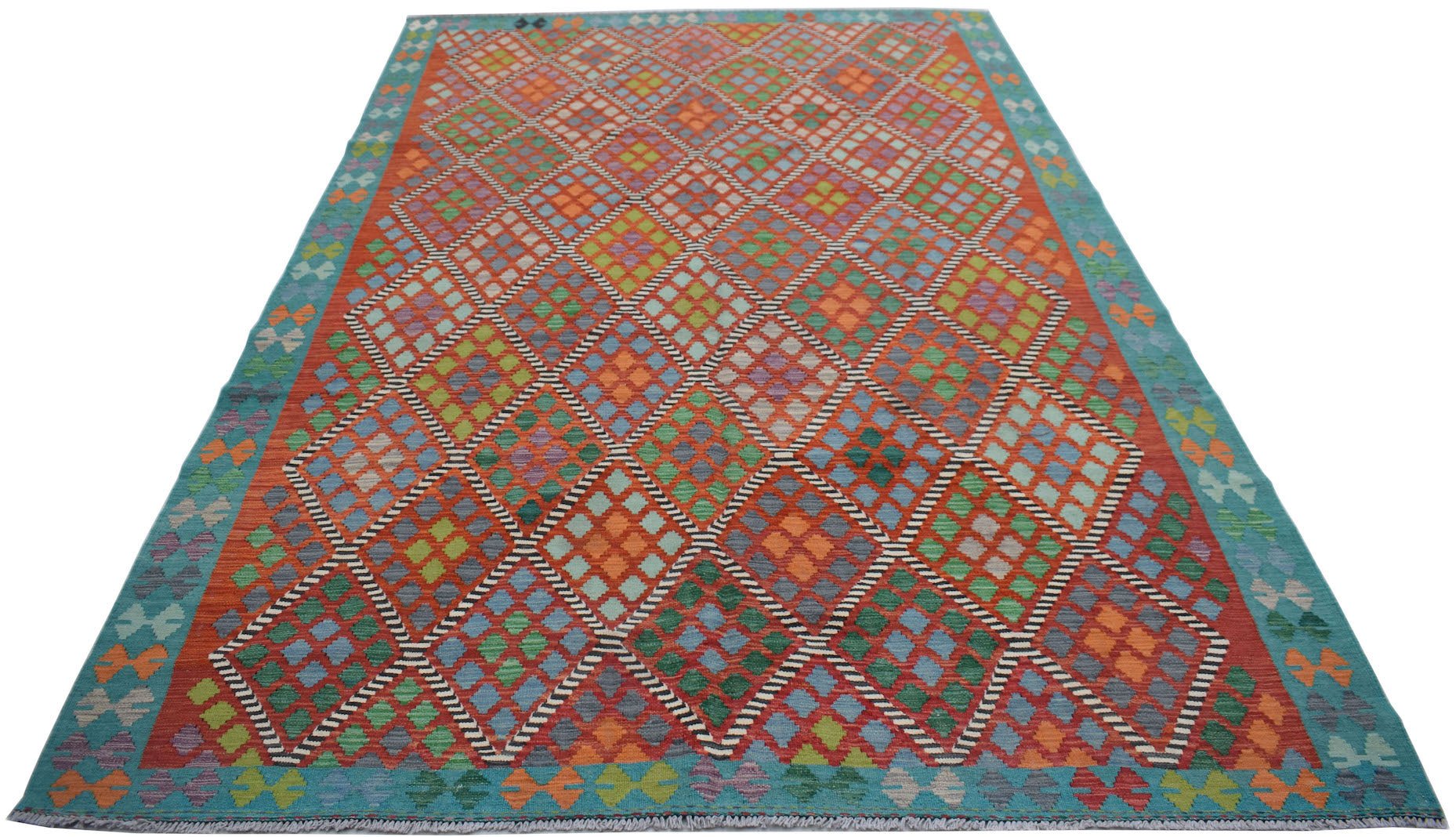 Handwoven Afghan Maimana kilim rug featuring a vibrant geometric diamond pattern in wool.