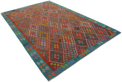 Handwoven Afghan Maimana kilim rug featuring a vibrant geometric diamond pattern in wool.