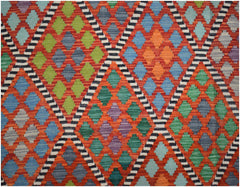 Handwoven Afghan Maimana kilim featuring a vibrant geometric diamond pattern in wool.