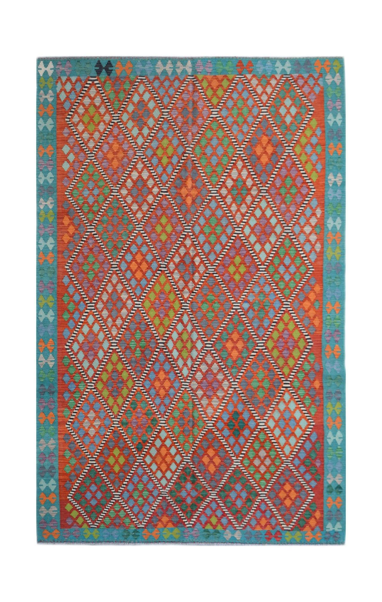 Handwoven Afghan Maimana kilim rug featuring a vibrant geometric diamond pattern in wool.