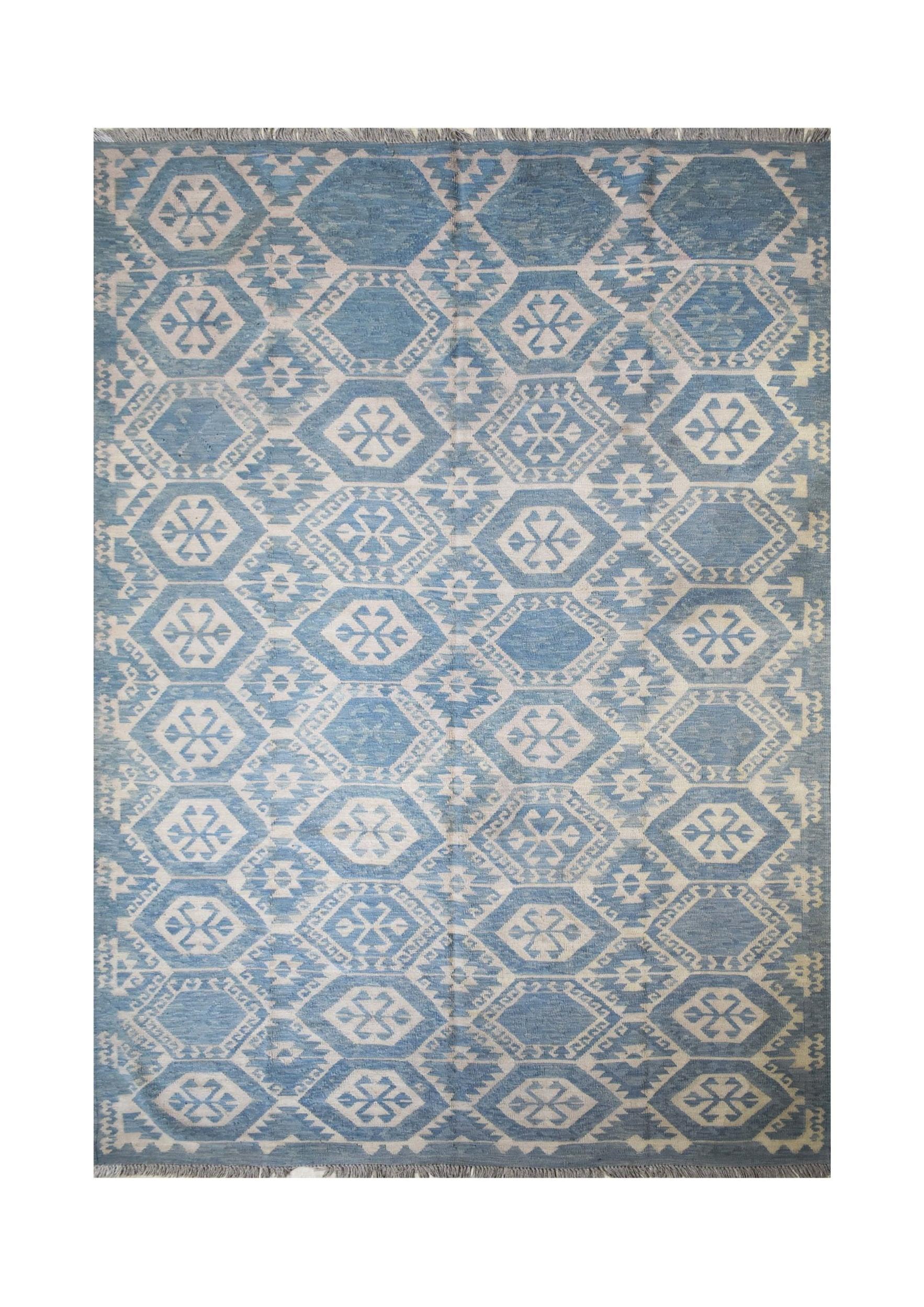Handmade Afghan Maimana kilim rug featuring a blue and cream geometric hexagonal pattern.