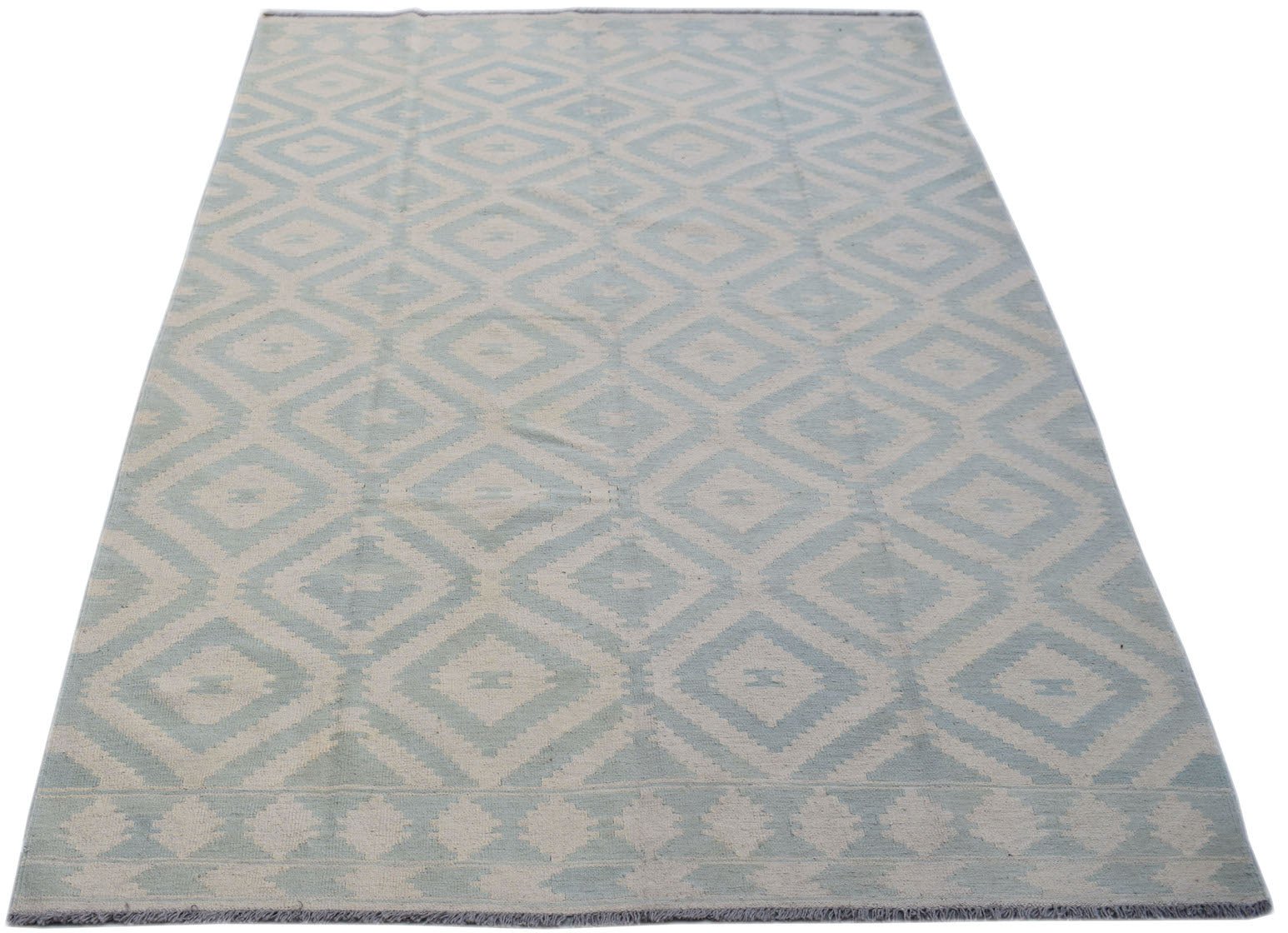 Handwoven Afghan Maimana kilim rug featuring a light blue and cream geometric diamond pattern.