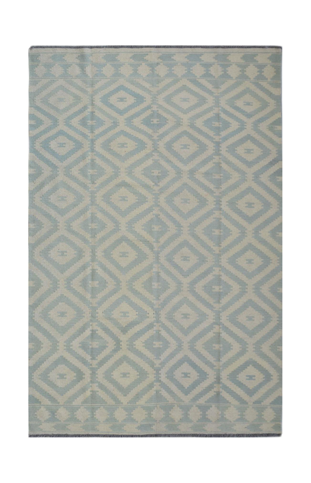 Handmade Afghan Maimana kilim rug featuring a light blue and cream geometric diamond pattern.