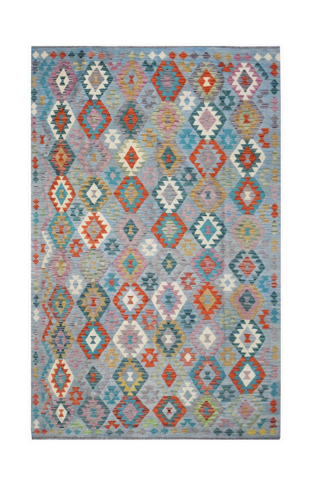 Handwoven Afghan Maimana kilim rug featuring a geometric diamond pattern in vibrant multicolored hues.