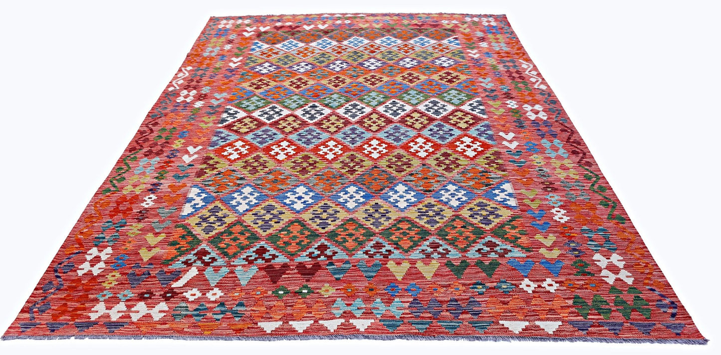 Handwoven Afghan Maimana Kilim rug featuring a vibrant, multi-colored geometric diamond pattern.