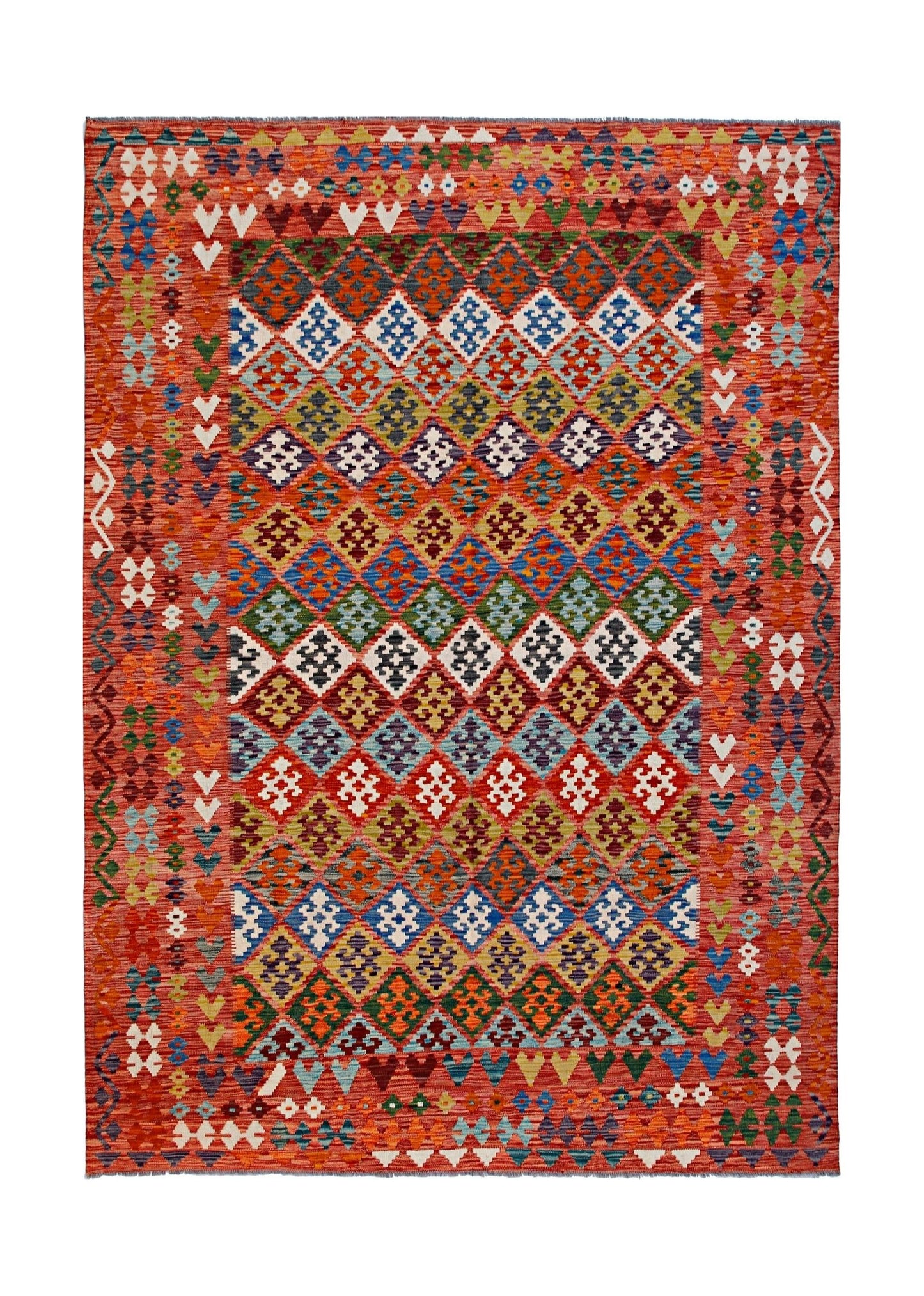 A rectangular Afghan Maimana kilim featuring a vibrant, multi-colored geometric diamond pattern.