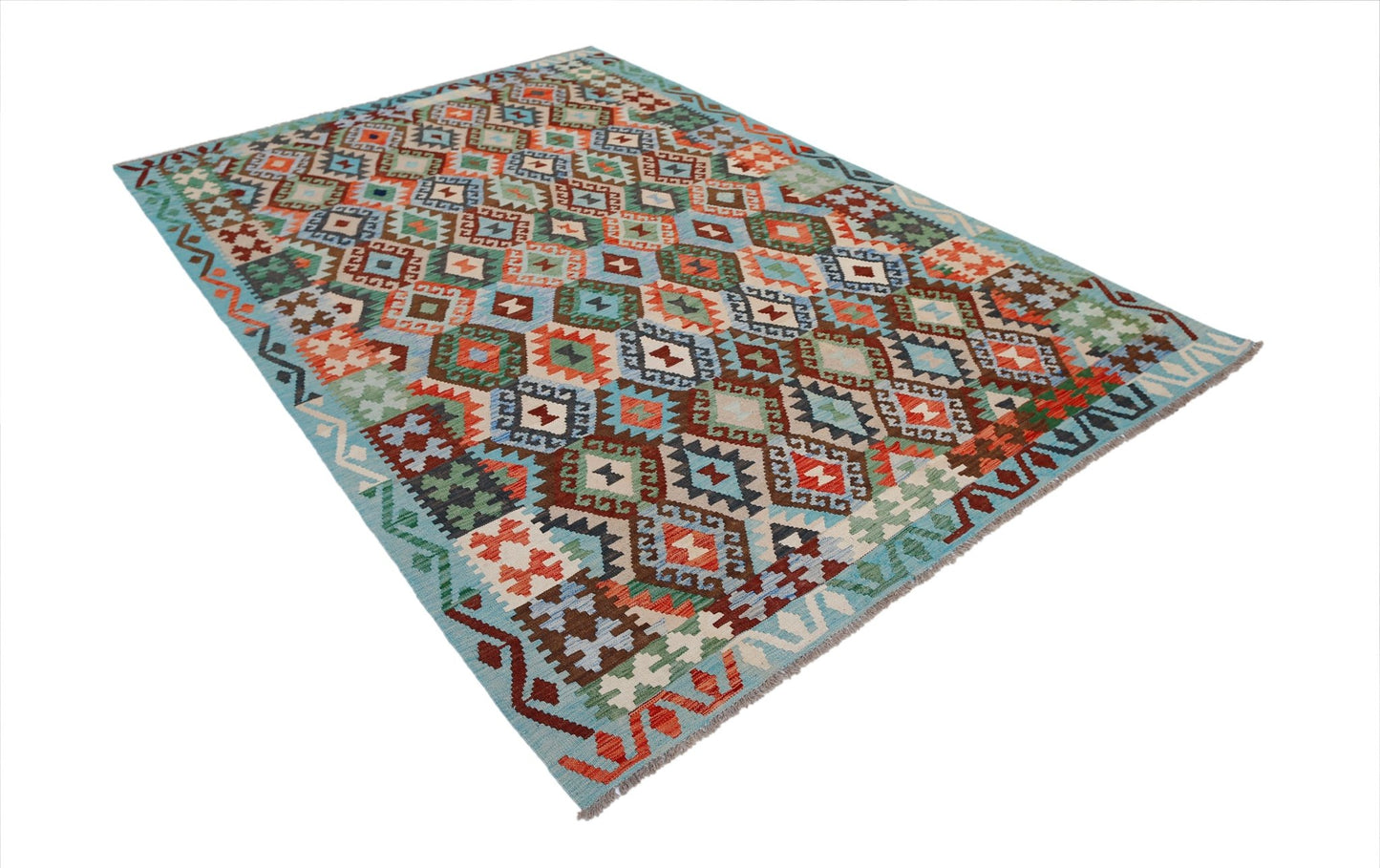 Handwoven Afghan Maimana kilim rug featuring a colorful geometric diamond pattern on a blue base.